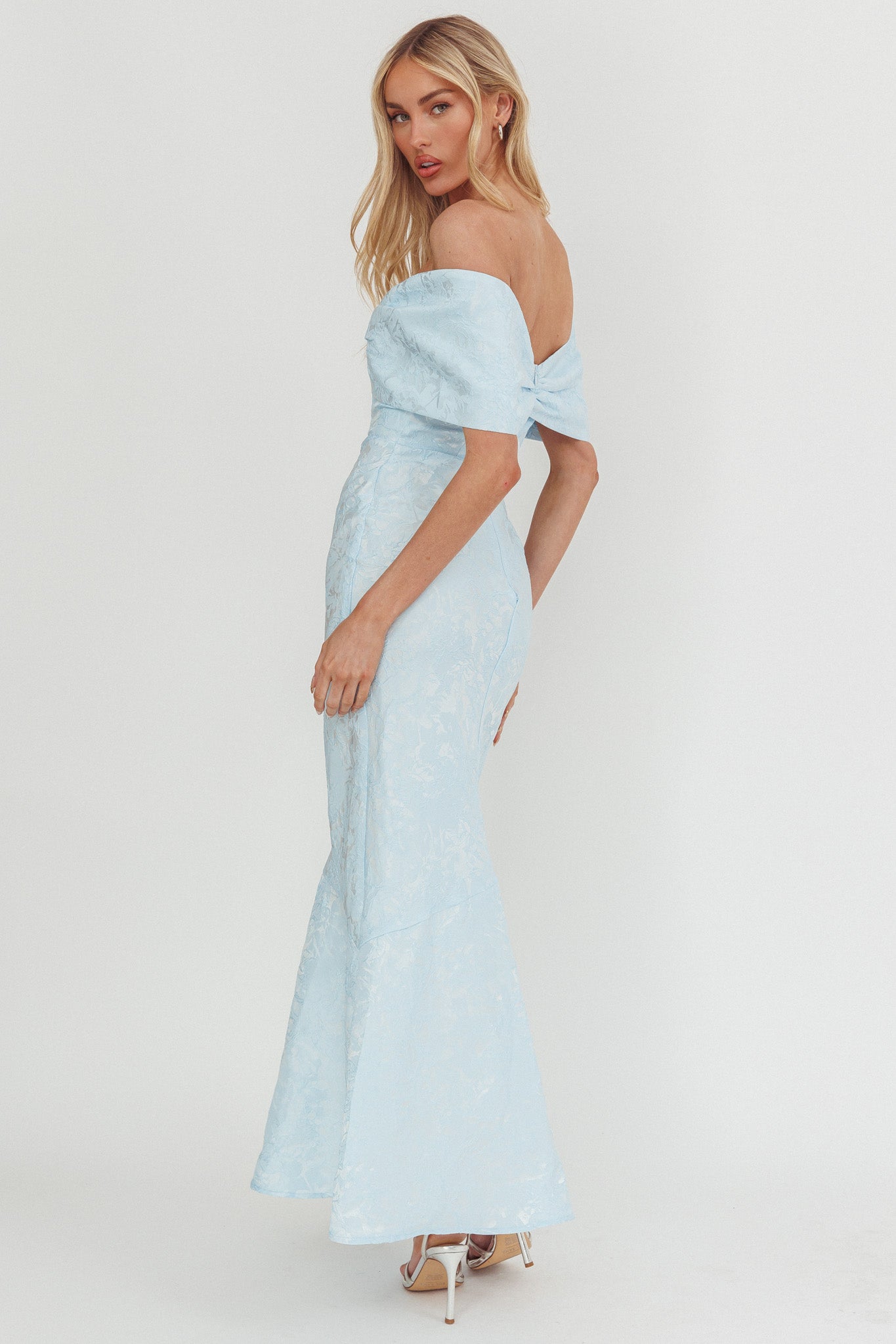 Fairytales Off-Shoulder Jacquard Maxi Dress Blue by Selfie Leslie Australia