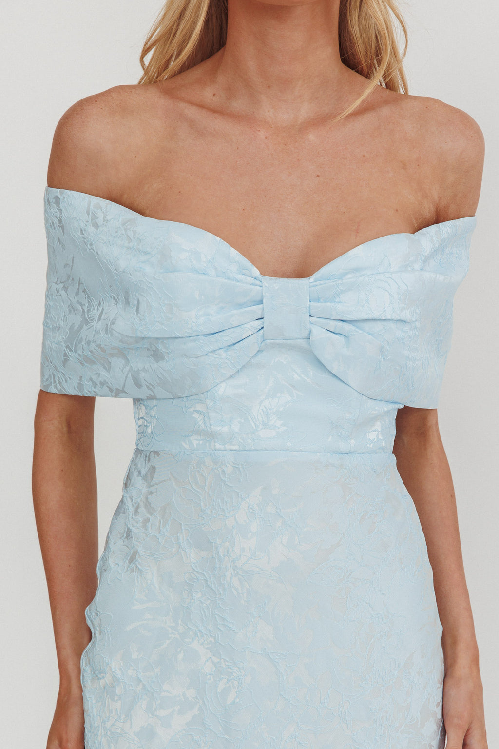 Fairytales Off-Shoulder Jacquard Maxi Dress Blue by Selfie Leslie Australia