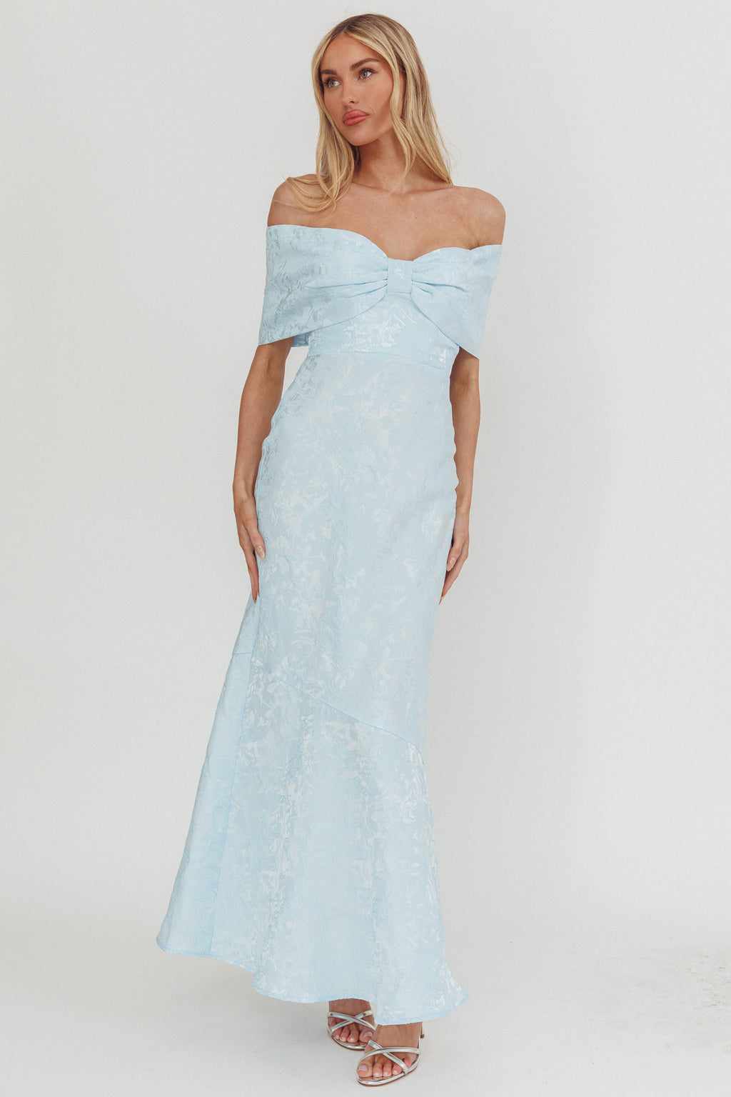 Fairytales Off-Shoulder Jacquard Maxi Dress Blue by Selfie Leslie Australia