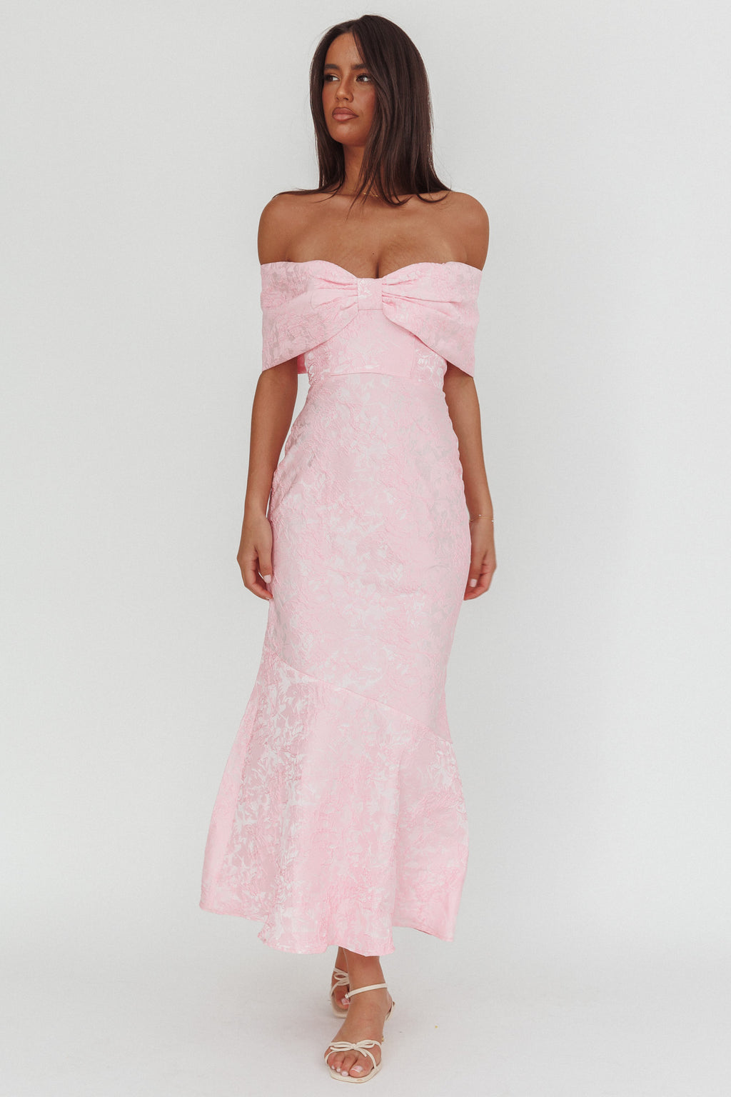Fairytales Off-Shoulder Jacquard Maxi Dress Pink by Selfie Leslie Australia