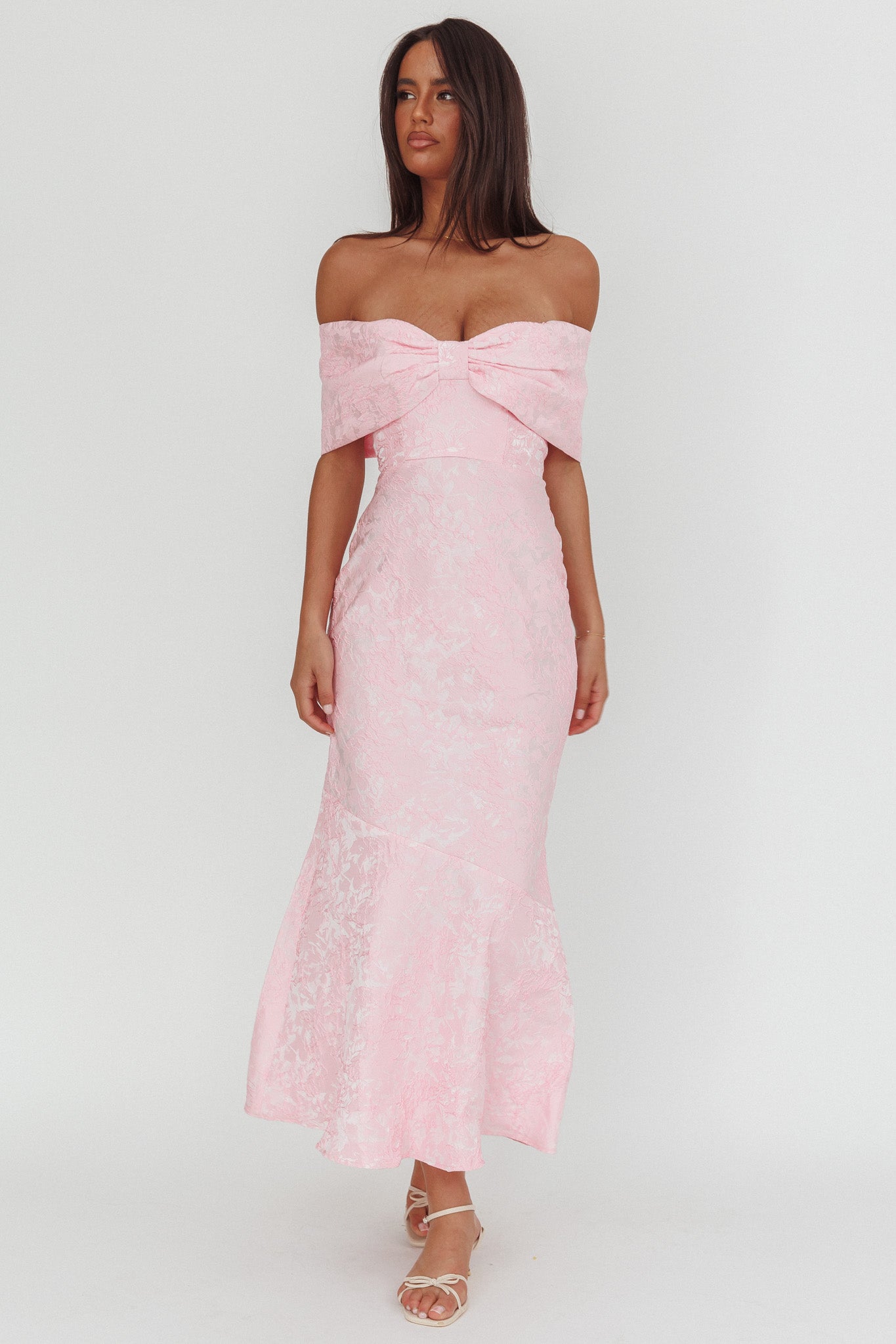 Fairytales Off-Shoulder Jacquard Maxi Dress Pink by Selfie Leslie Australia
