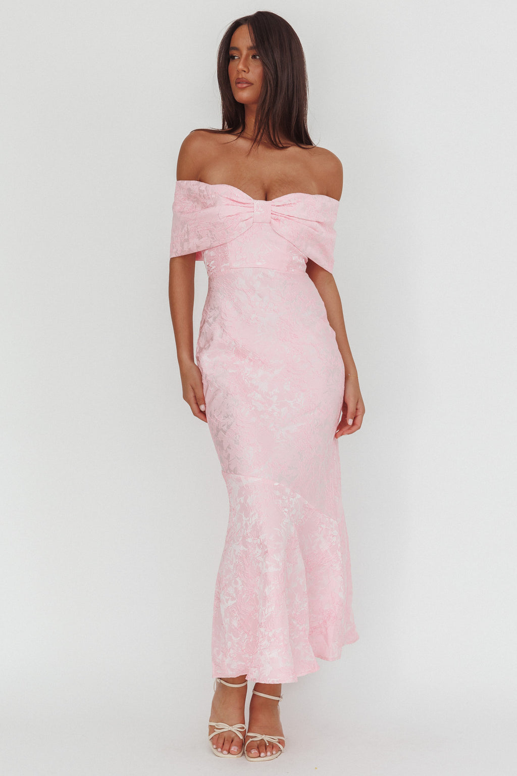 Fairytales Off-Shoulder Jacquard Maxi Dress Pink by Selfie Leslie Australia