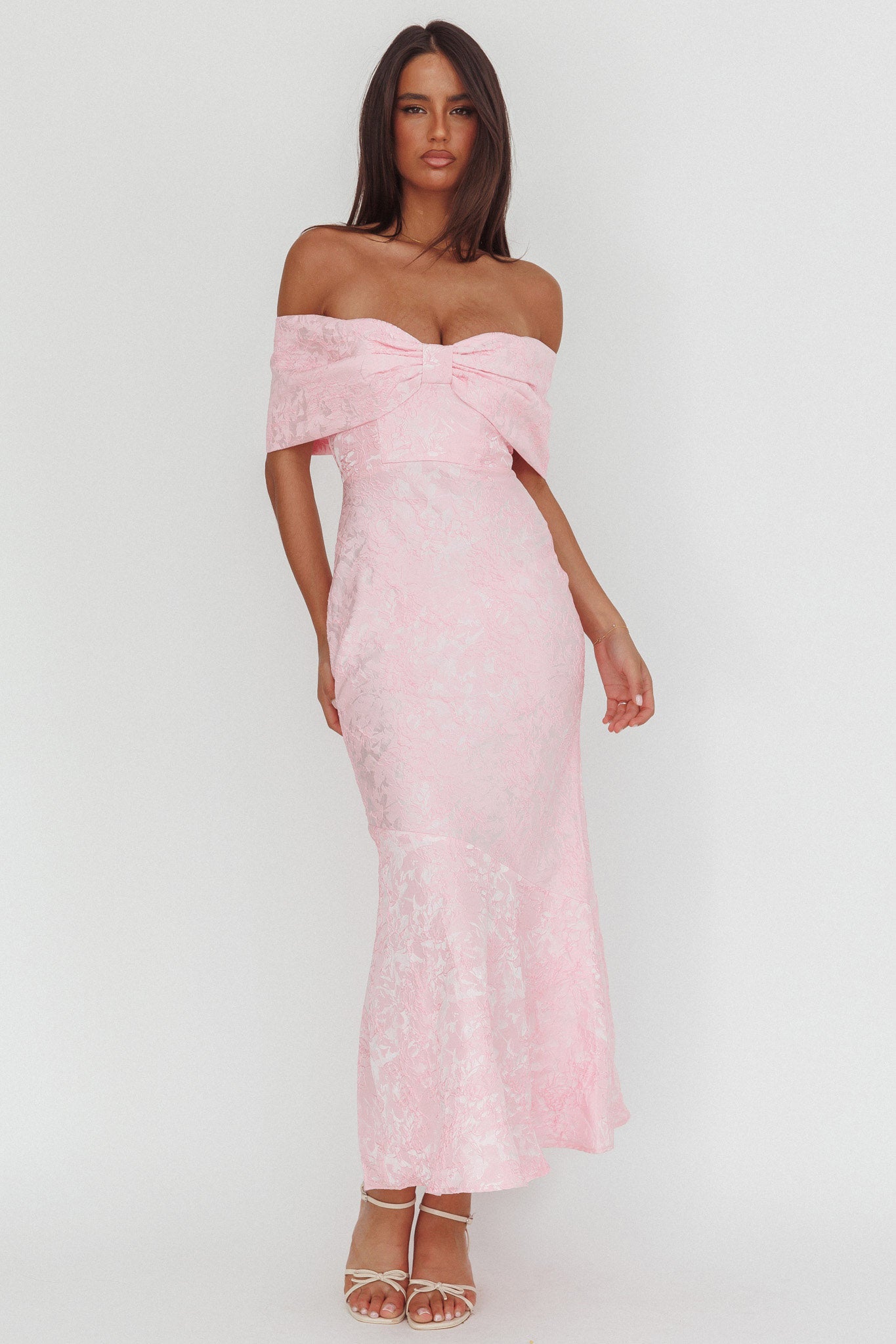 Fairytales Off-Shoulder Jacquard Maxi Dress Pink by Selfie Leslie Australia