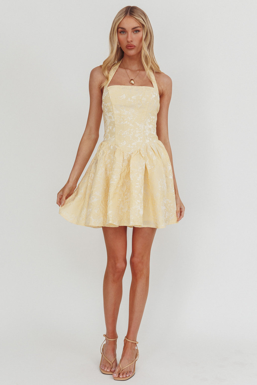 Serrah Halter Mini Dress Jacquard Butter by Selfie Leslie Australia
