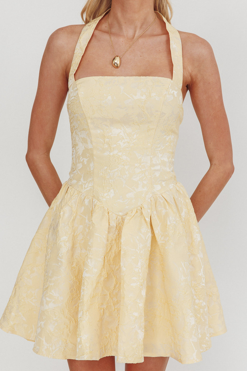 Serrah Halter Mini Dress Jacquard Butter by Selfie Leslie Australia