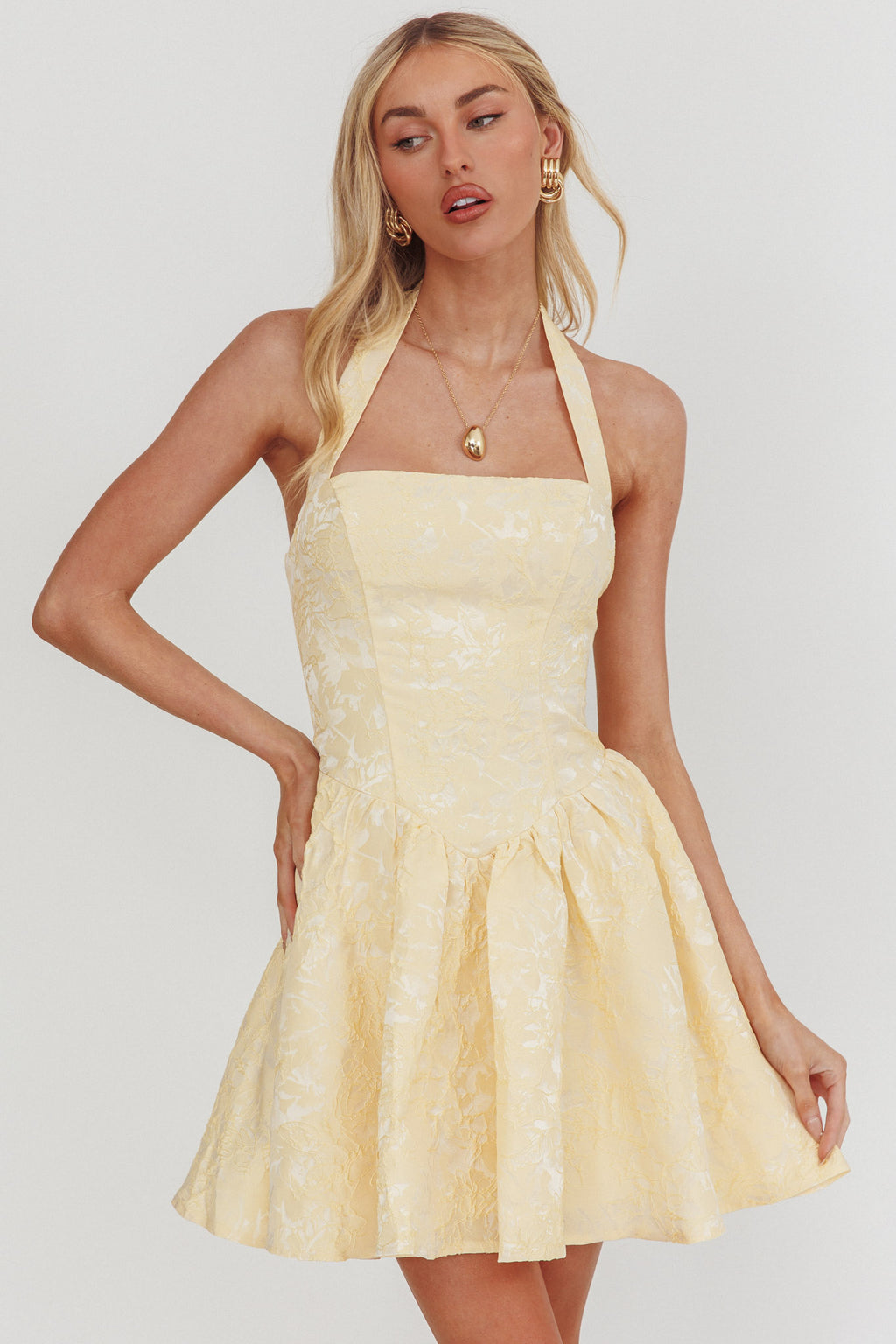 Serrah Halter Mini Dress Jacquard Butter by Selfie Leslie Australia
