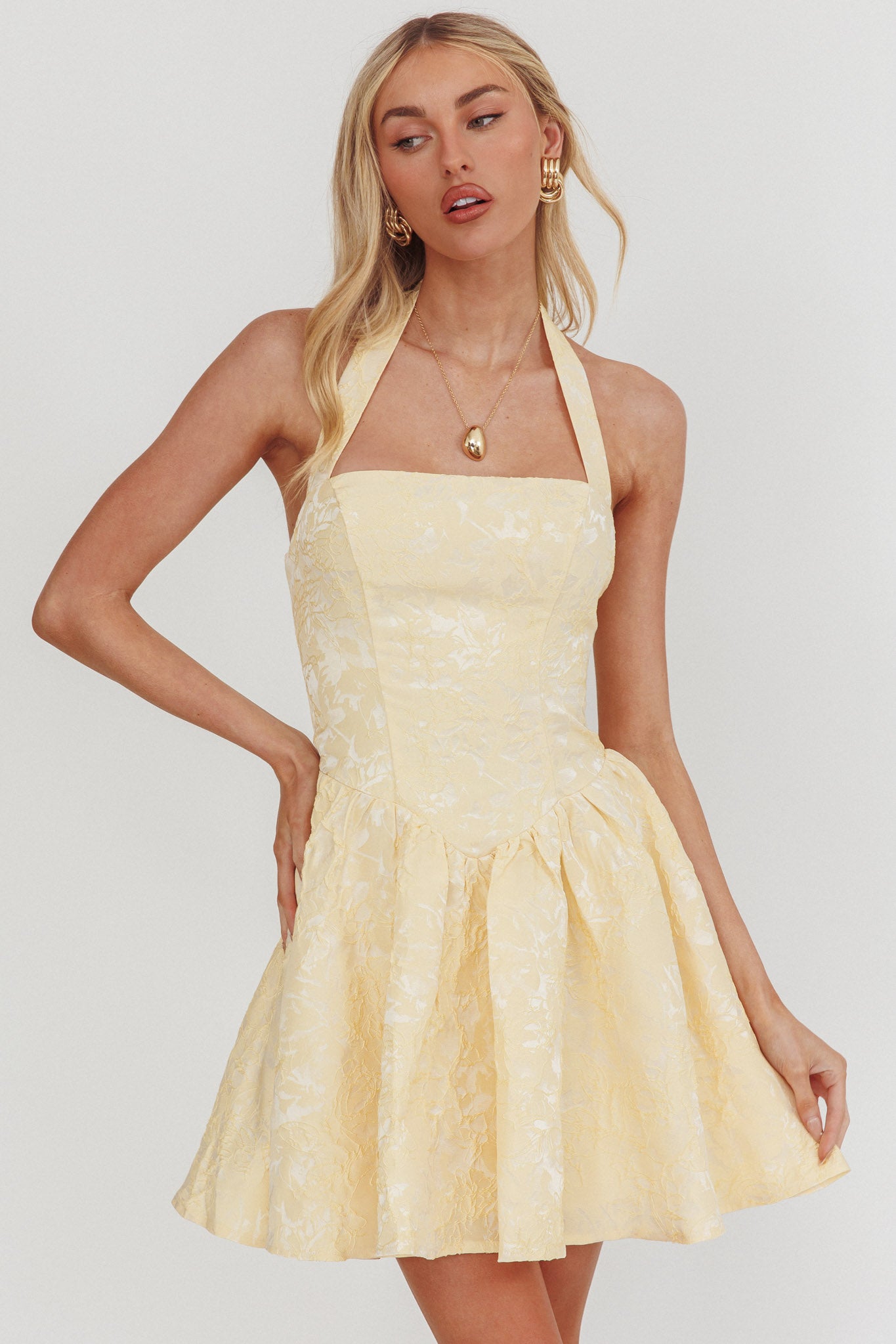 Serrah Halter Mini Dress Jacquard Butter by Selfie Leslie Australia