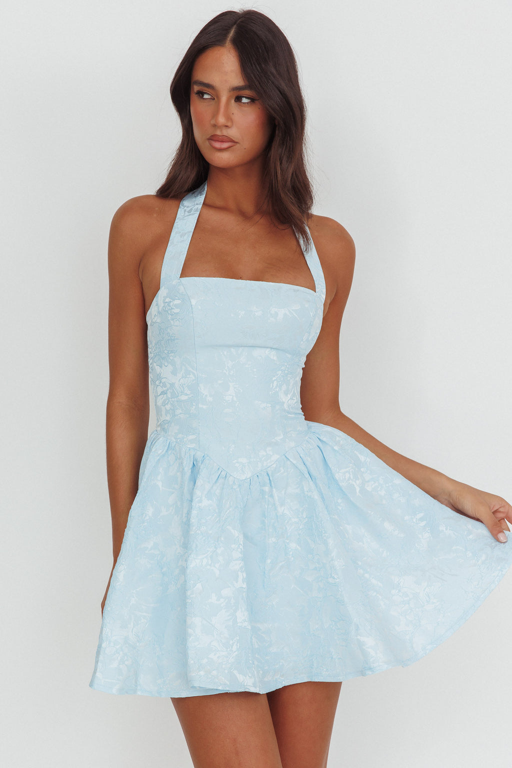 Serrah Halter Mini Dress Jacquard Blue by Selfie Leslie Australia