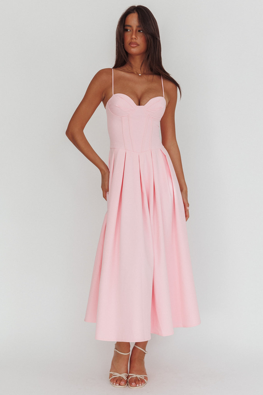 Kearsy Box Pleat Sweetheart Neckline Midi Dress Pink by Selfie Leslie Australia
