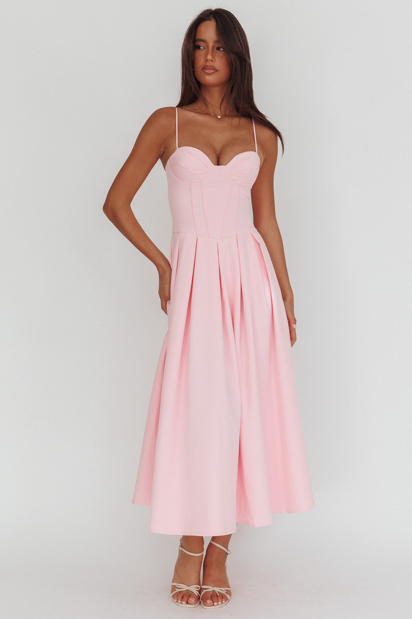 Kearsy Box Pleat Sweetheart Neckline Midi Dress Pink by Selfie Leslie Australia