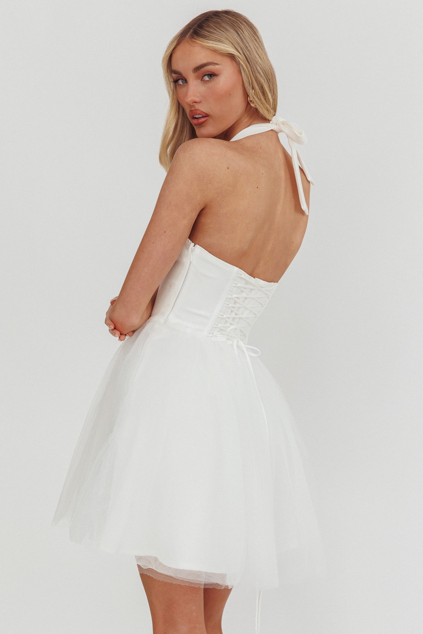 Princessa Sweetheart Neckline Halter Mini Dress White by Selfie Leslie Australia