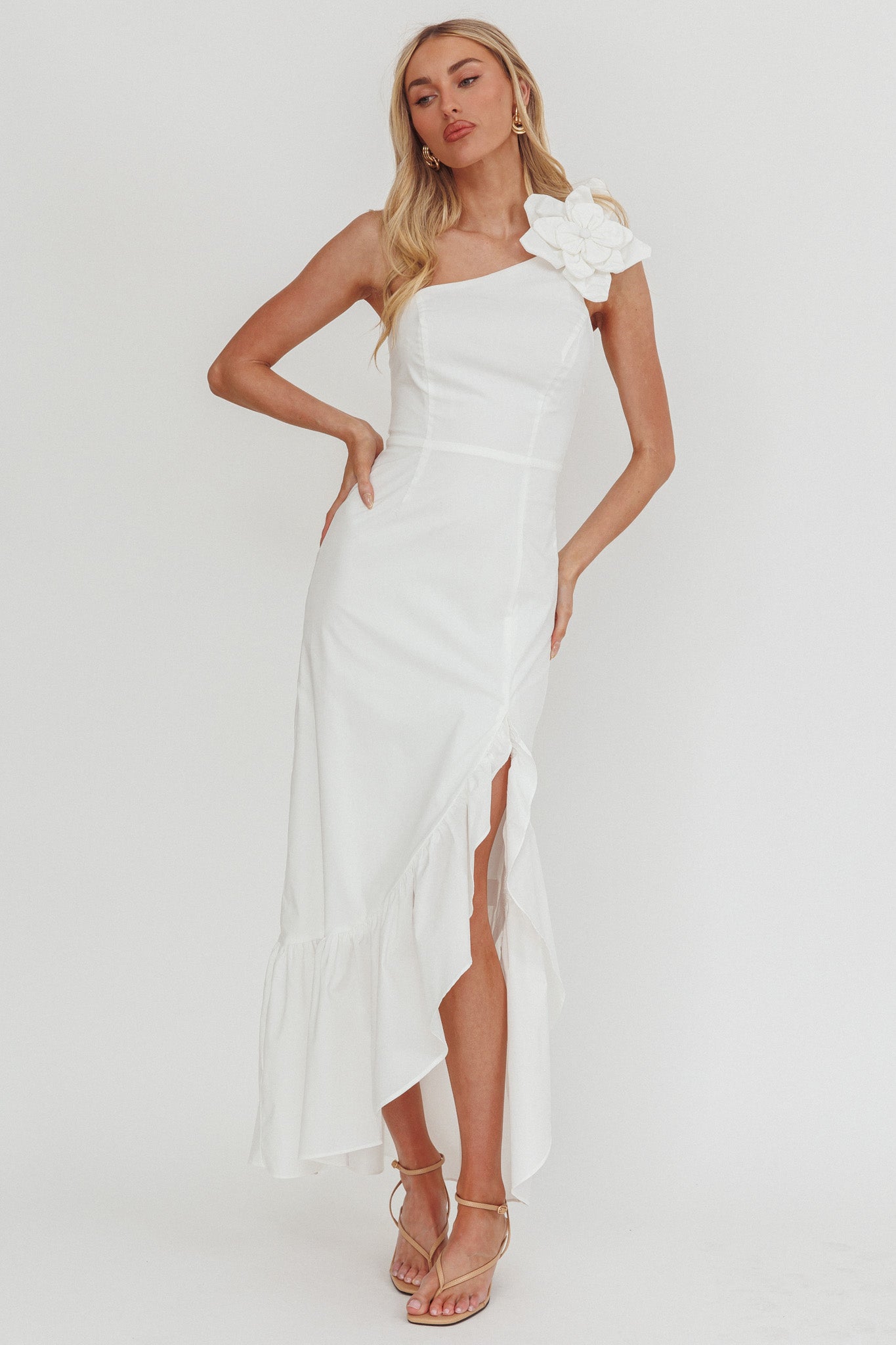Dena One-Shoulder Frill Hem Maxi Dress White by Selfie Leslie Australia