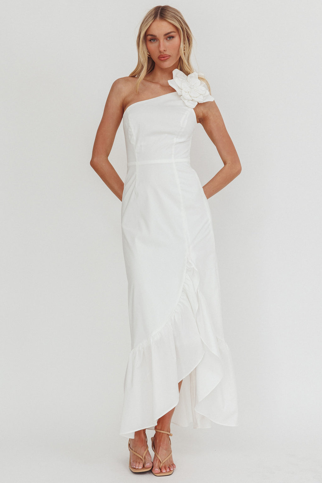 Dena One-Shoulder Frill Hem Maxi Dress White by Selfie Leslie Australia