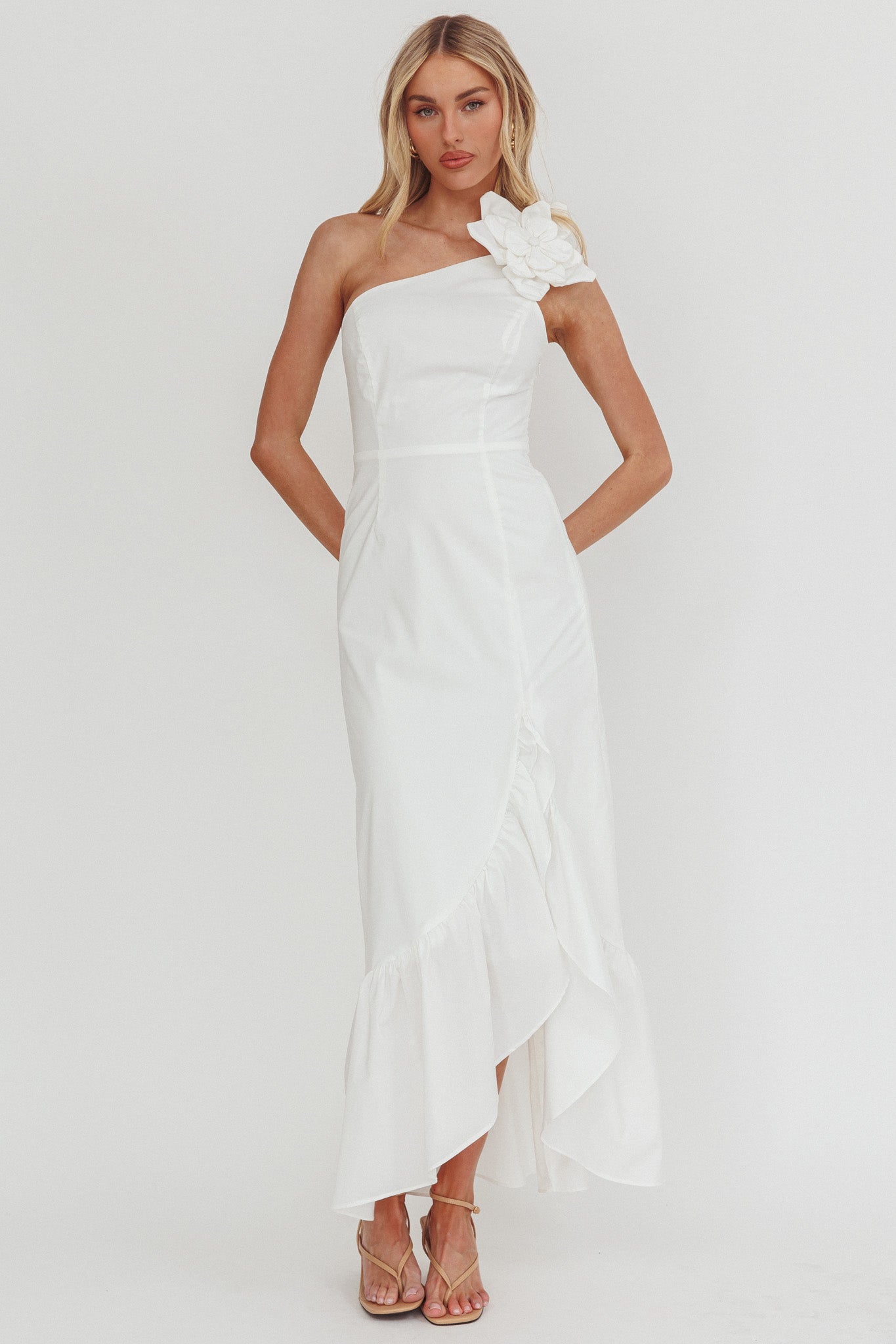 Dena One-Shoulder Frill Hem Maxi Dress White by Selfie Leslie Australia