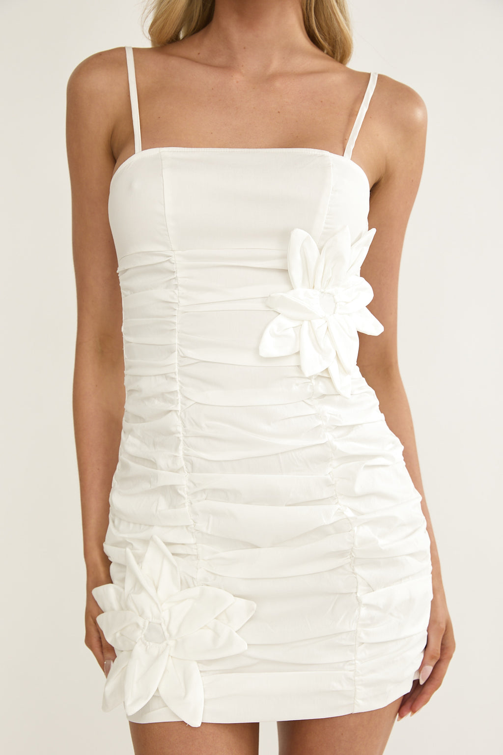 Mirisa Flower Accent Smocked Mini Dress White by Selfie Leslie Australia