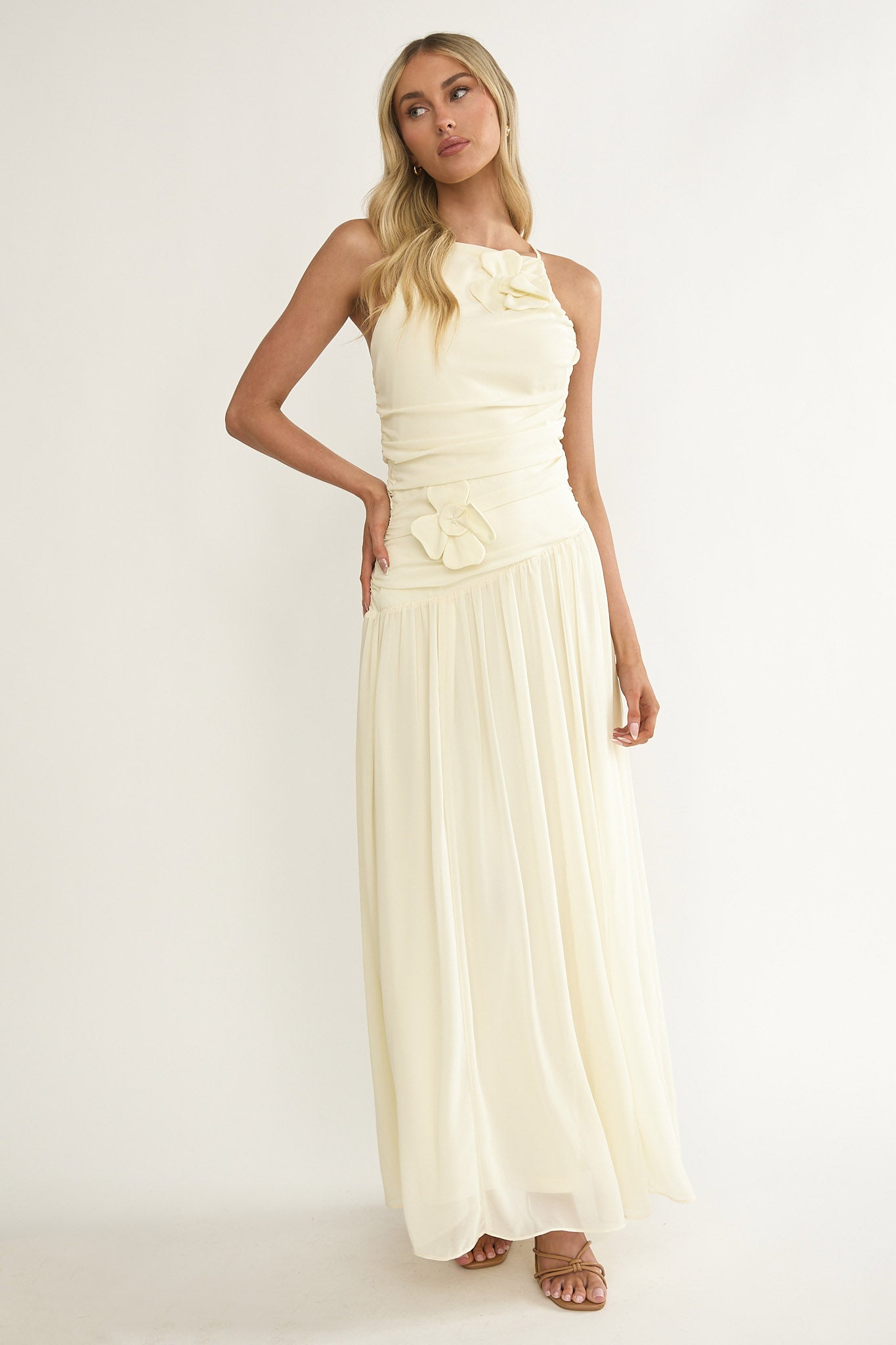Brighten Drop Waist Flower Accent Maxi Dress Butter by Selfie Leslie Australia