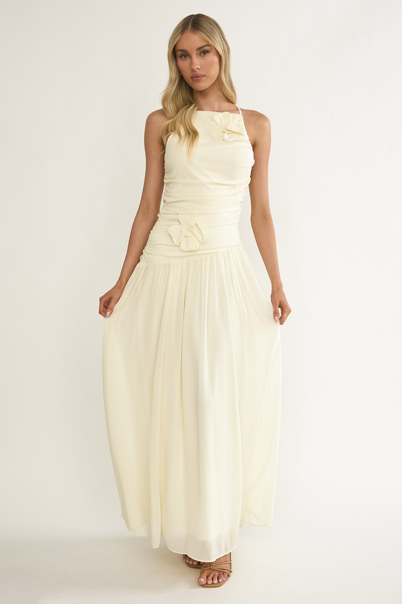 Brighten Drop Waist Flower Accent Maxi Dress Butter by Selfie Leslie Australia