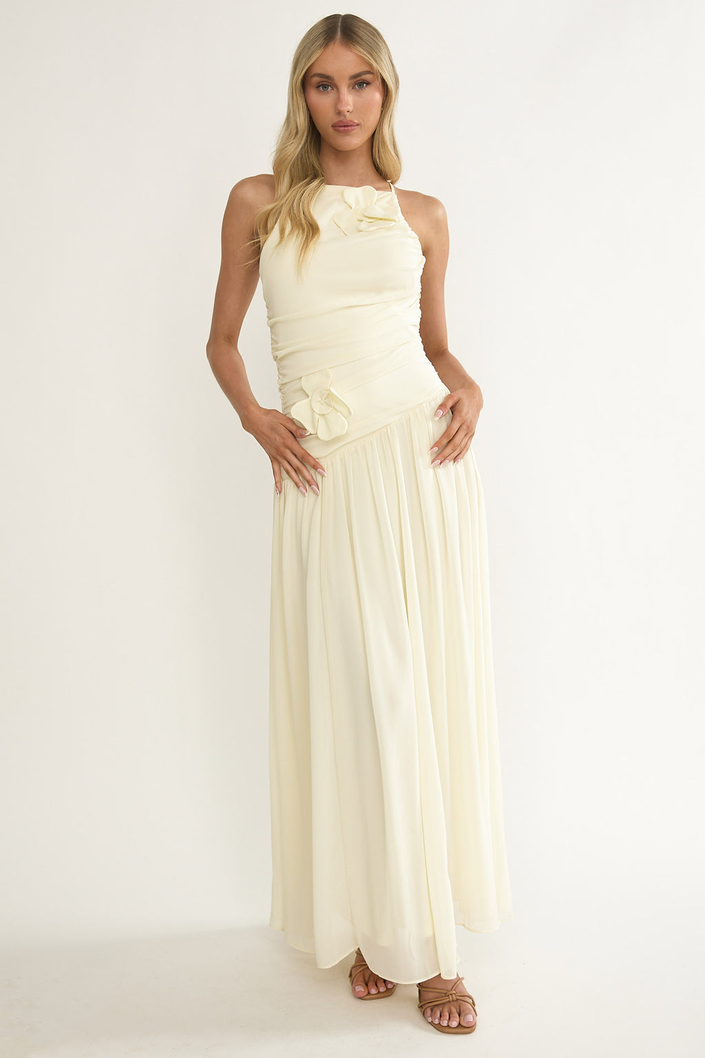 Brighten Drop Waist Flower Accent Maxi Dress Butter by Selfie Leslie Australia