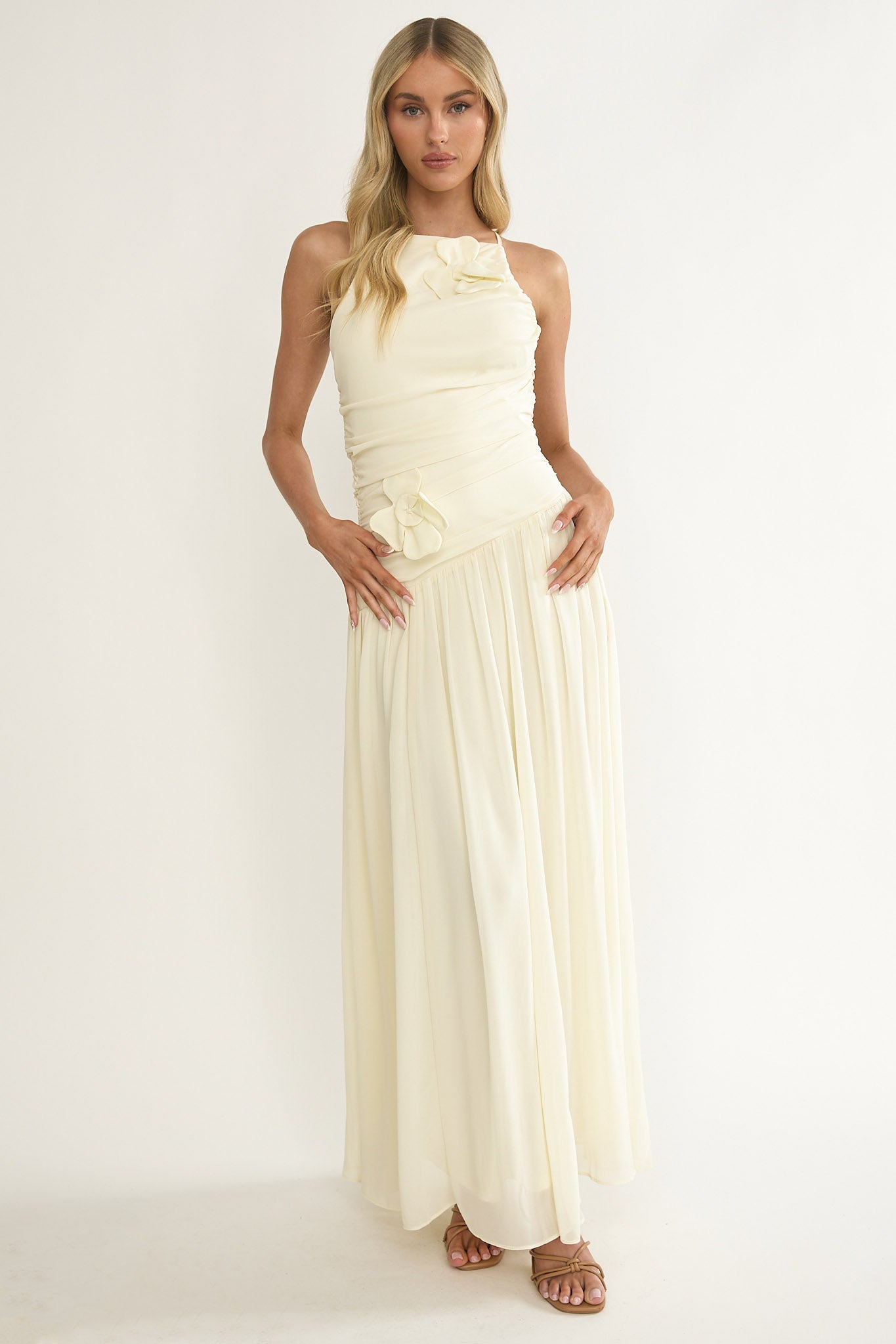 Brighten Drop Waist Flower Accent Maxi Dress Butter by Selfie Leslie Australia