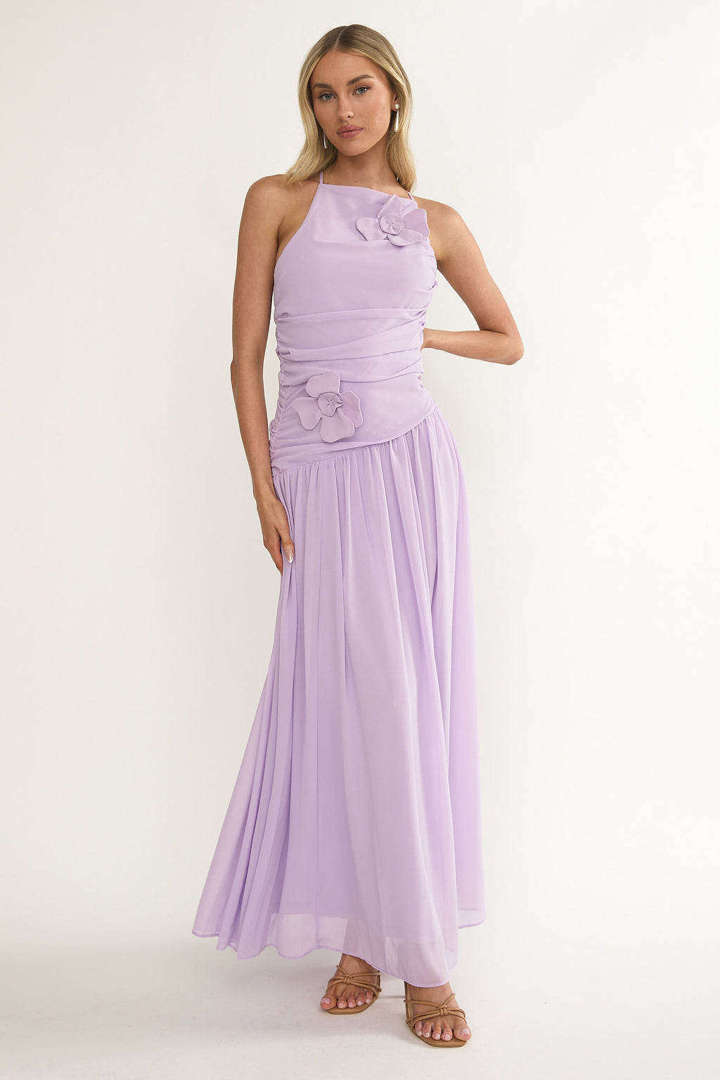Brighten Drop Waist Flower Accent Maxi Dress Lilac by Selfie Leslie Australia