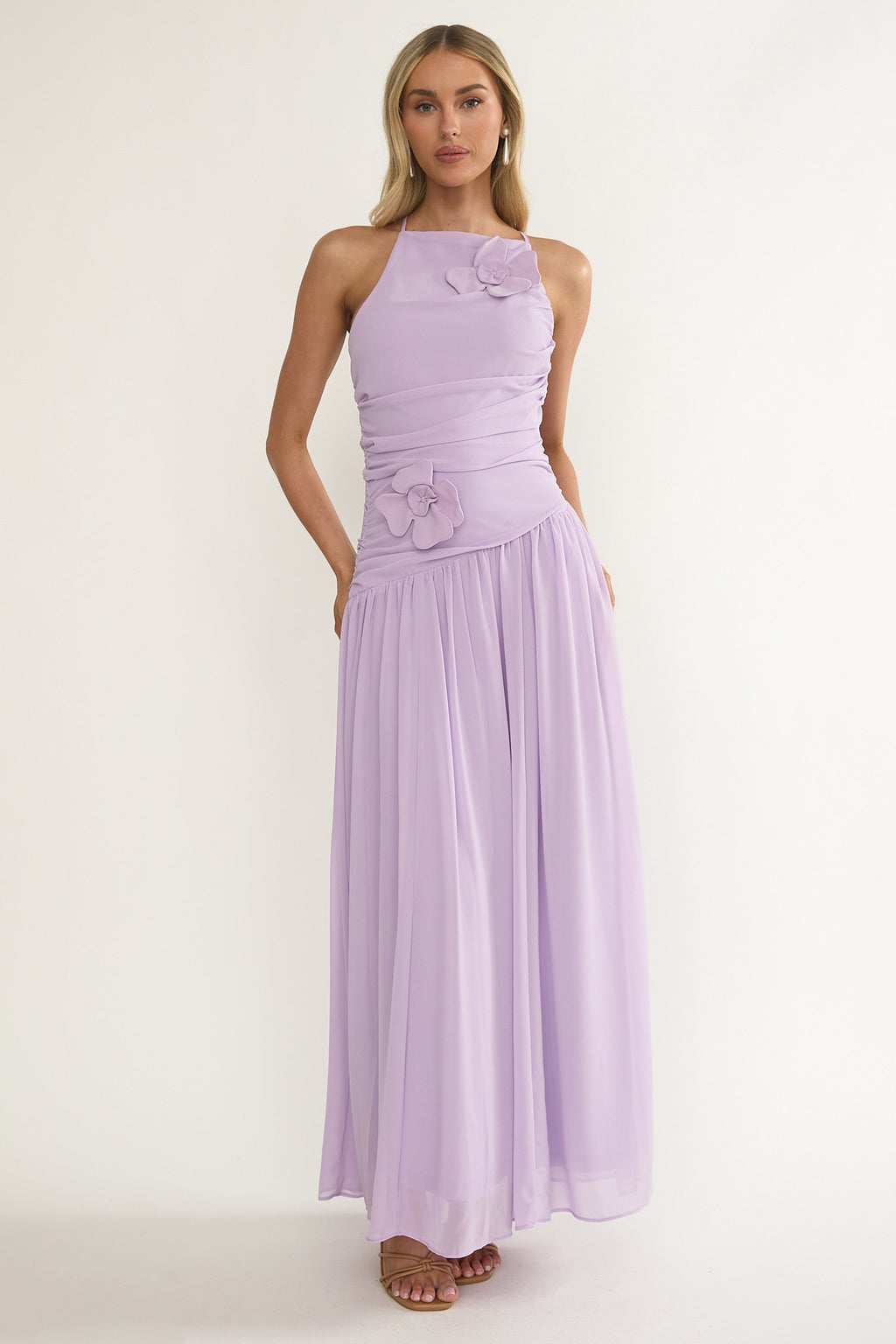 Brighten Drop Waist Flower Accent Maxi Dress Lilac by Selfie Leslie Australia