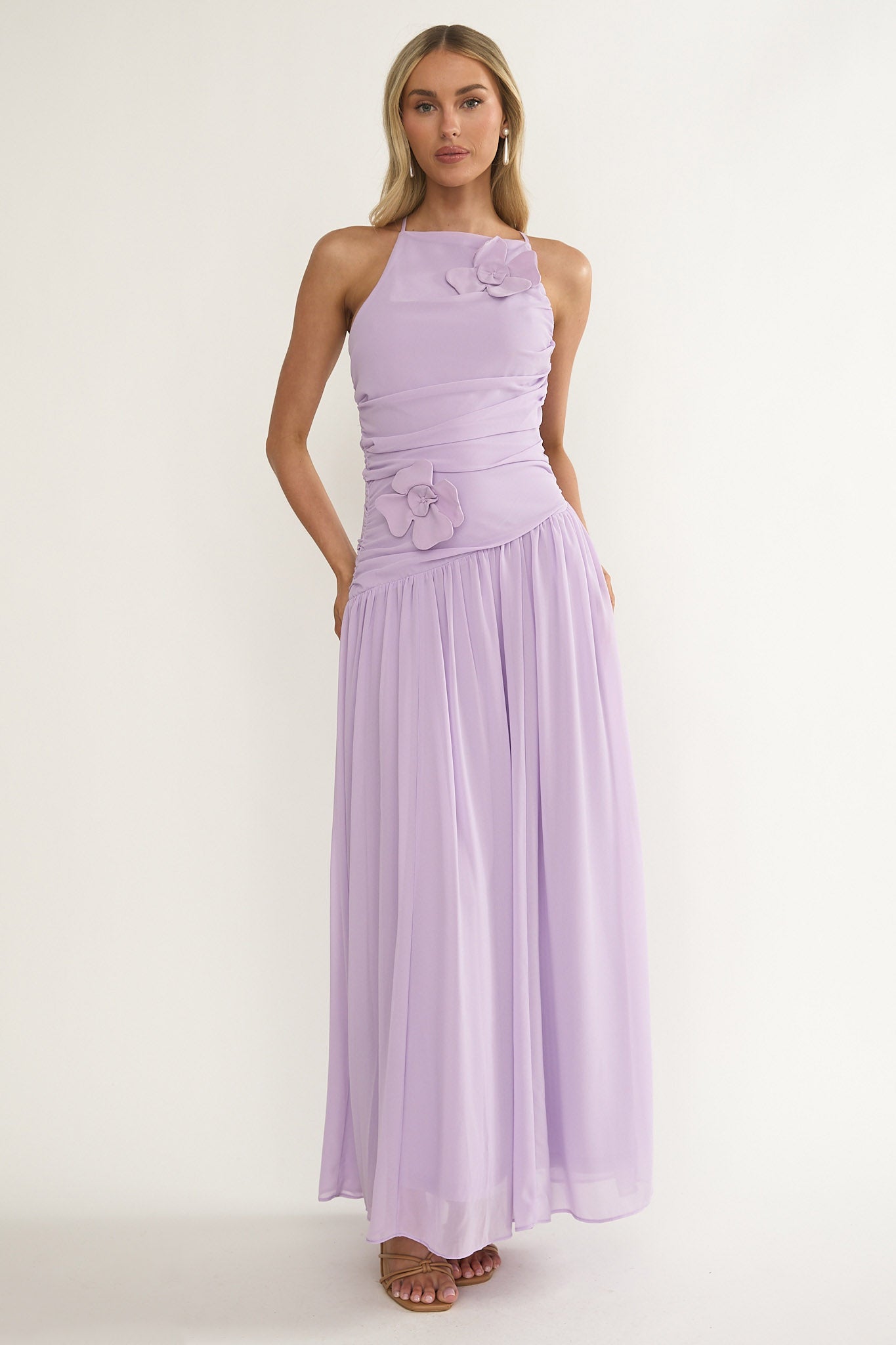 Brighten Drop Waist Flower Accent Maxi Dress Lilac by Selfie Leslie Australia
