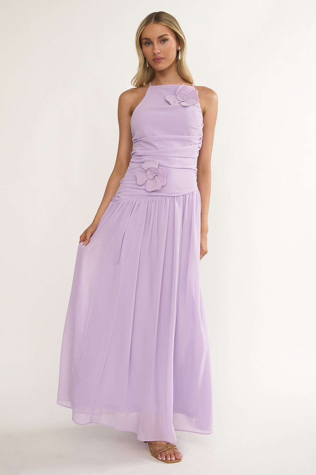 Brighten Drop Waist Flower Accent Maxi Dress Lilac by Selfie Leslie Australia