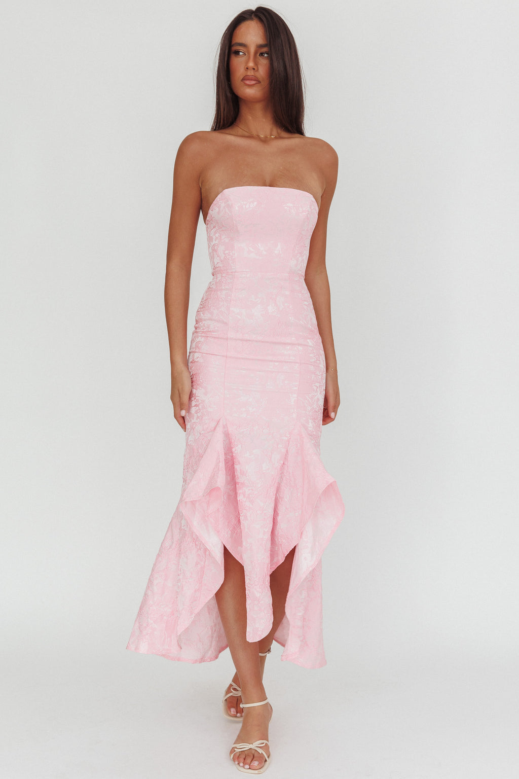 Corin Strapless High-Low Hem Maxi Dress Jacquard Pink by Selfie Leslie Australia