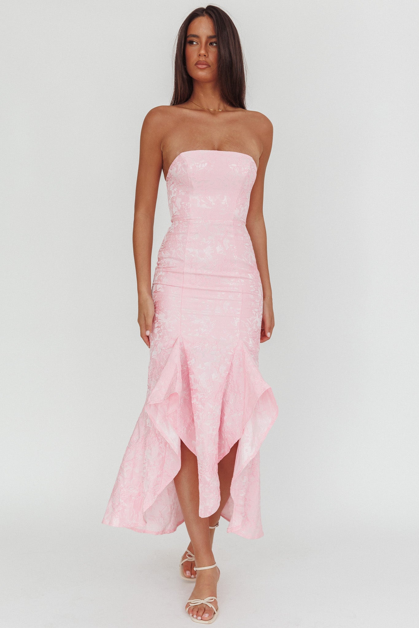 Corin Strapless High-Low Hem Maxi Dress Jacquard Pink by Selfie Leslie Australia