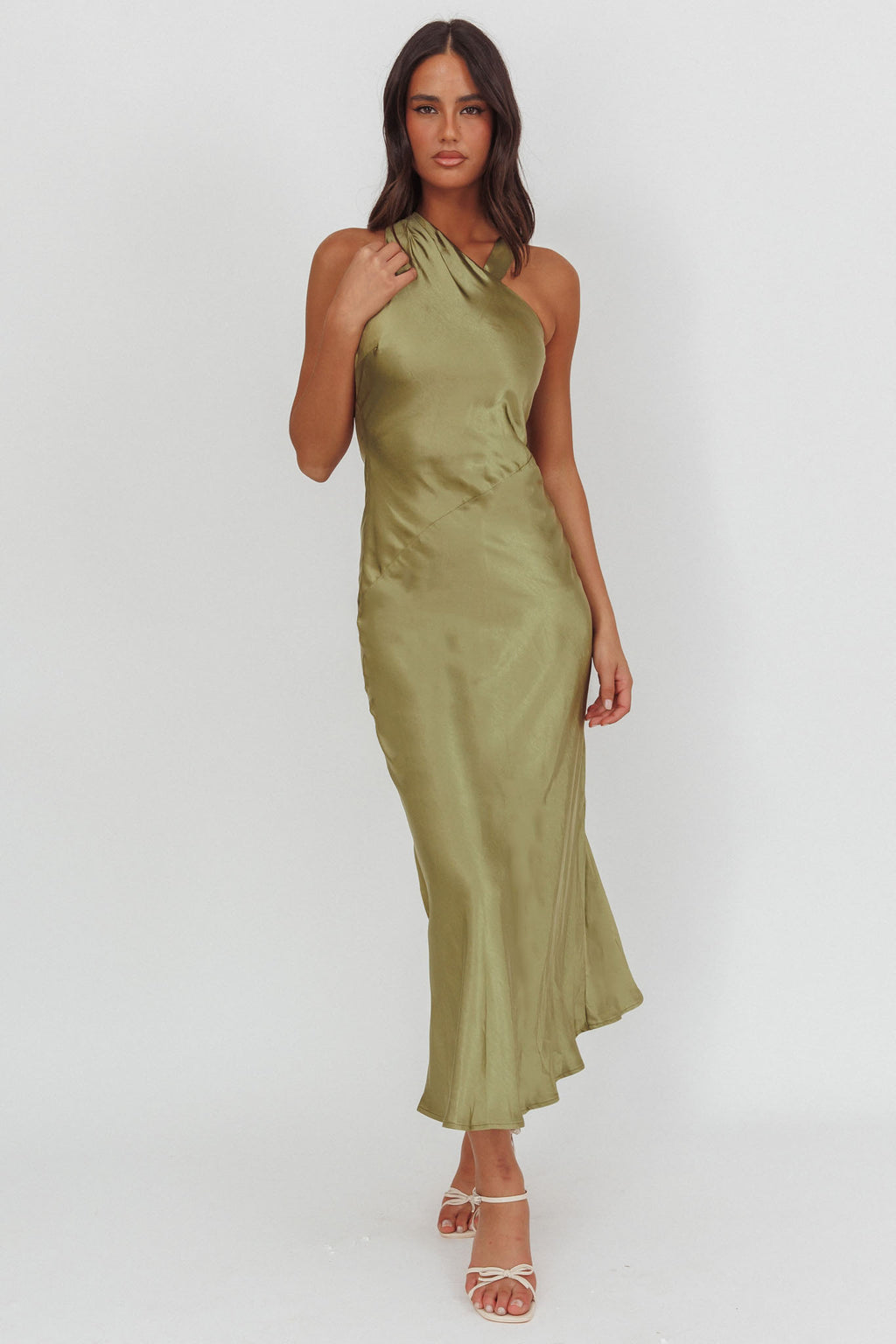 Florisse Asymmetric Neckline Maxi Dress Olive by Selfie Leslie Australia