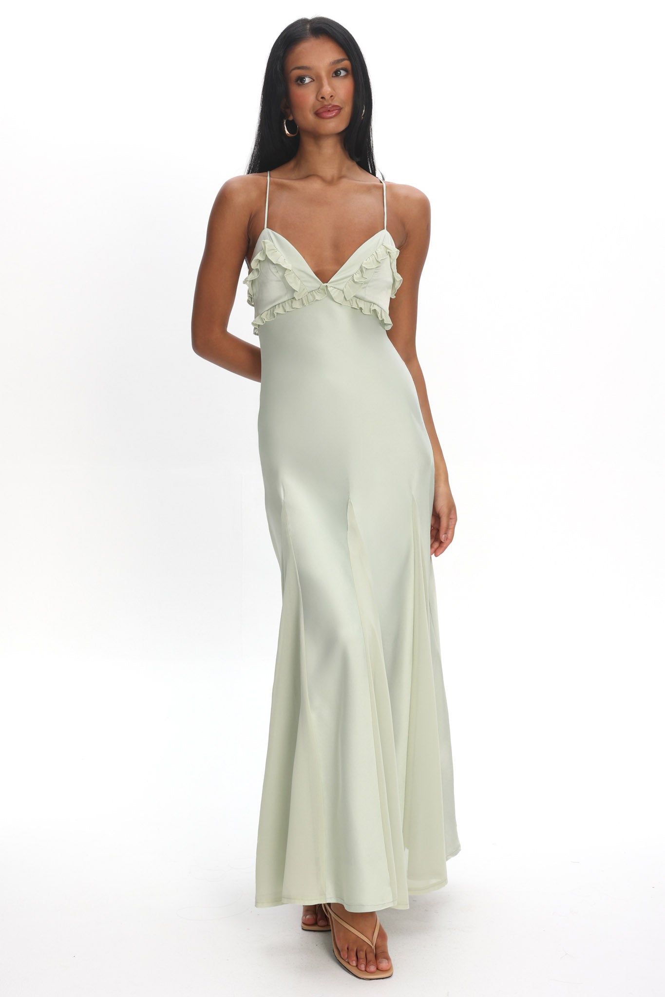 Caryn Frill Trim Godet Maxi Dress Sage by Selfie Leslie Australia