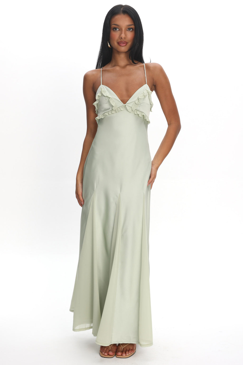 Caryn Frill Trim Godet Maxi Dress Sage by Selfie Leslie Australia