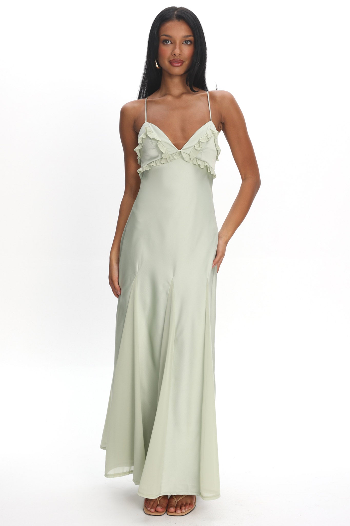 Caryn Frill Trim Godet Maxi Dress Sage by Selfie Leslie Australia