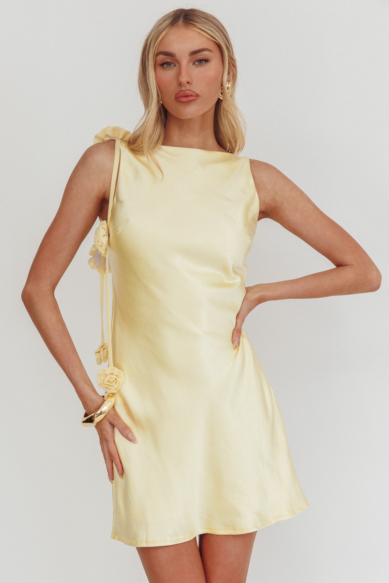 Collecting Memories Backless Rosette String Mini Dress Butter by Selfie Leslie Australia