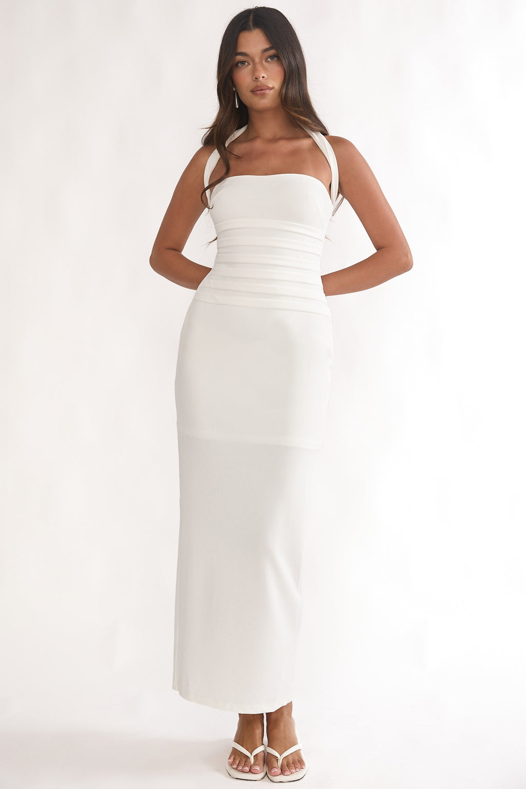 Fly Me To Paris Pleat Bodice Halterneck Maxi Dress White by Selfie Leslie Australia