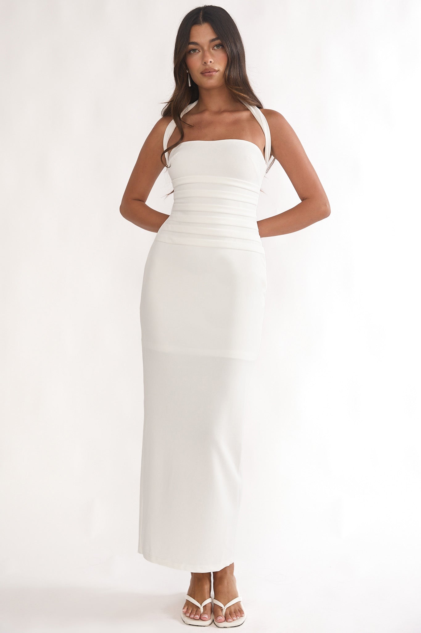 Fly Me To Paris Pleat Bodice Halterneck Maxi Dress White by Selfie Leslie Australia