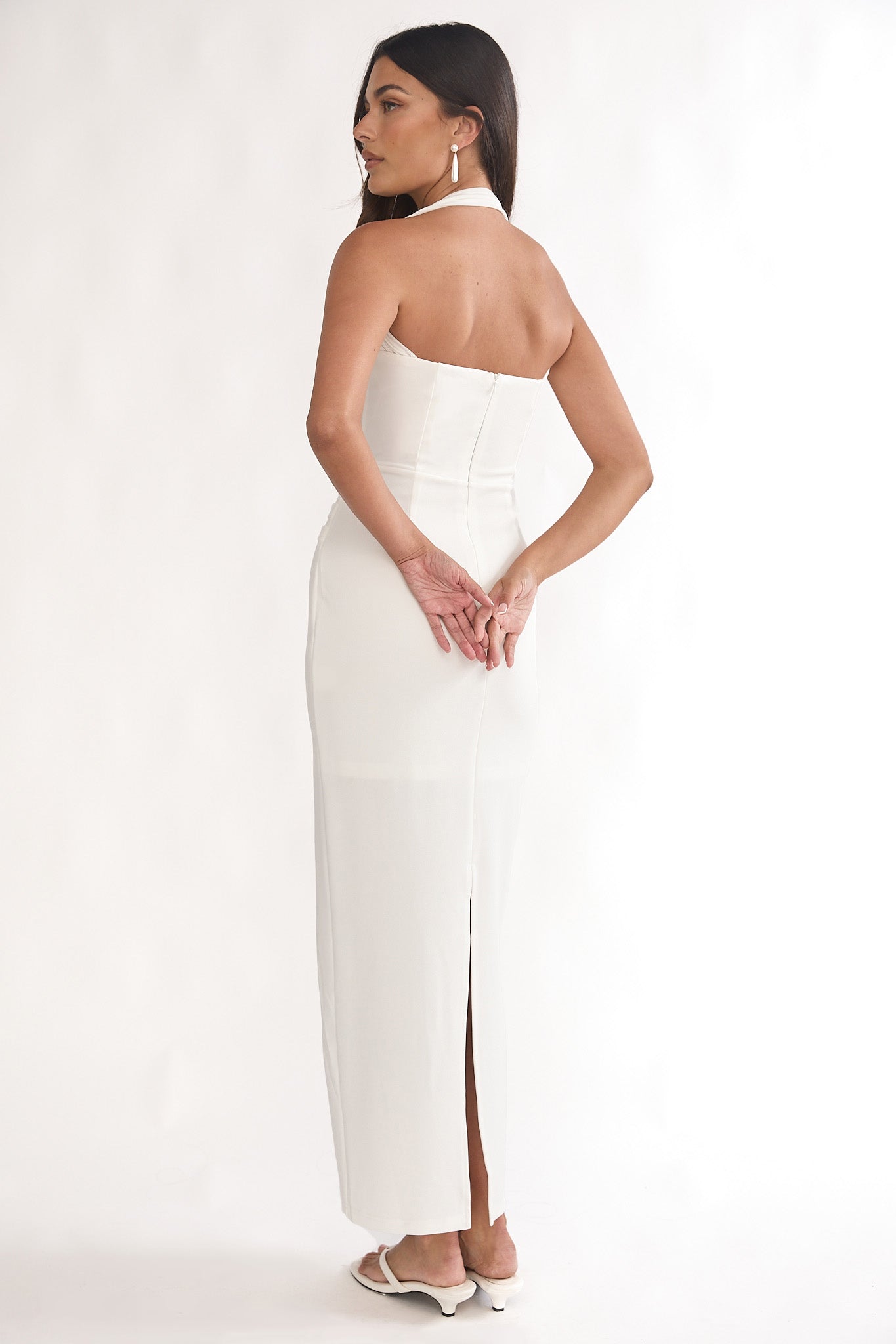 Fly Me To Paris Pleat Bodice Halterneck Maxi Dress White by Selfie Leslie Australia