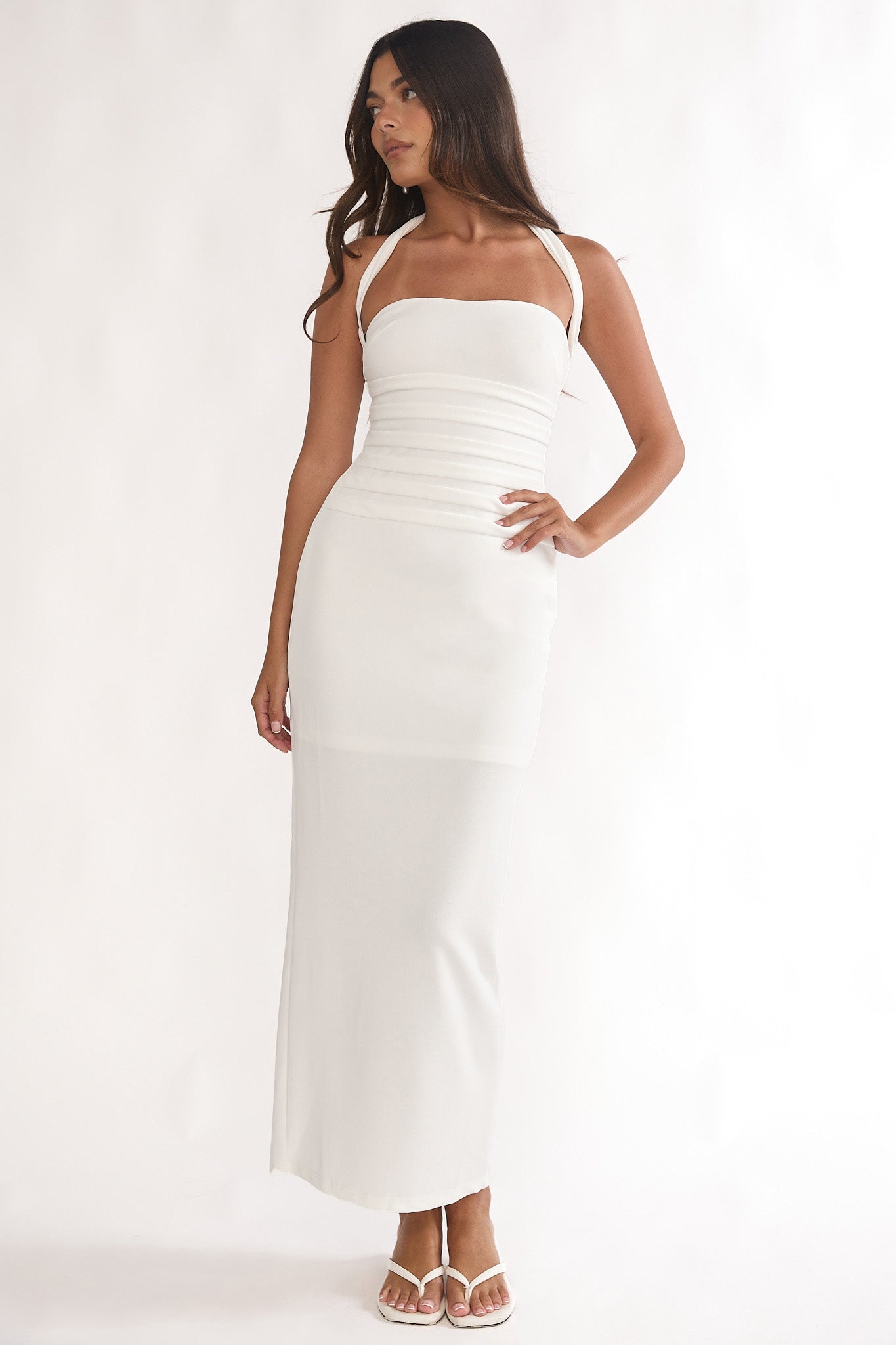 Fly Me To Paris Pleat Bodice Halterneck Maxi Dress White by Selfie Leslie Australia