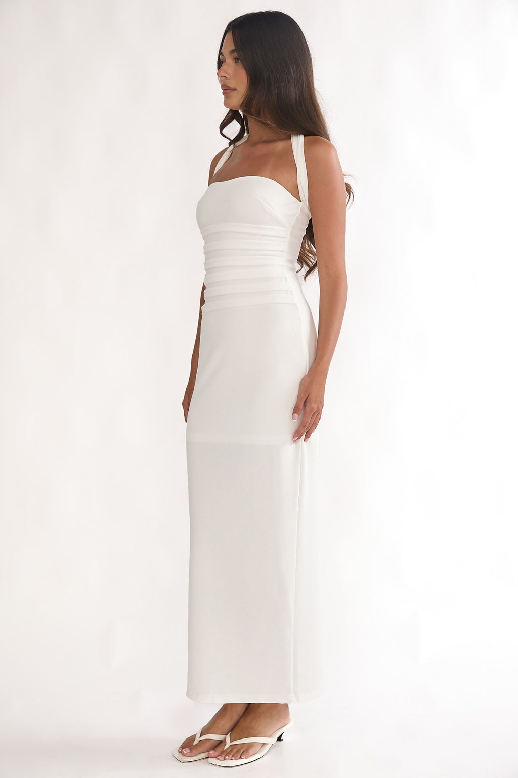 Fly Me To Paris Pleat Bodice Halterneck Maxi Dress White by Selfie Leslie Australia