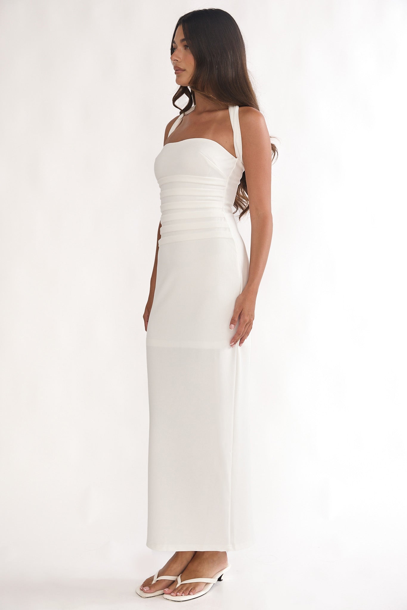 Fly Me To Paris Pleat Bodice Halterneck Maxi Dress White by Selfie Leslie Australia