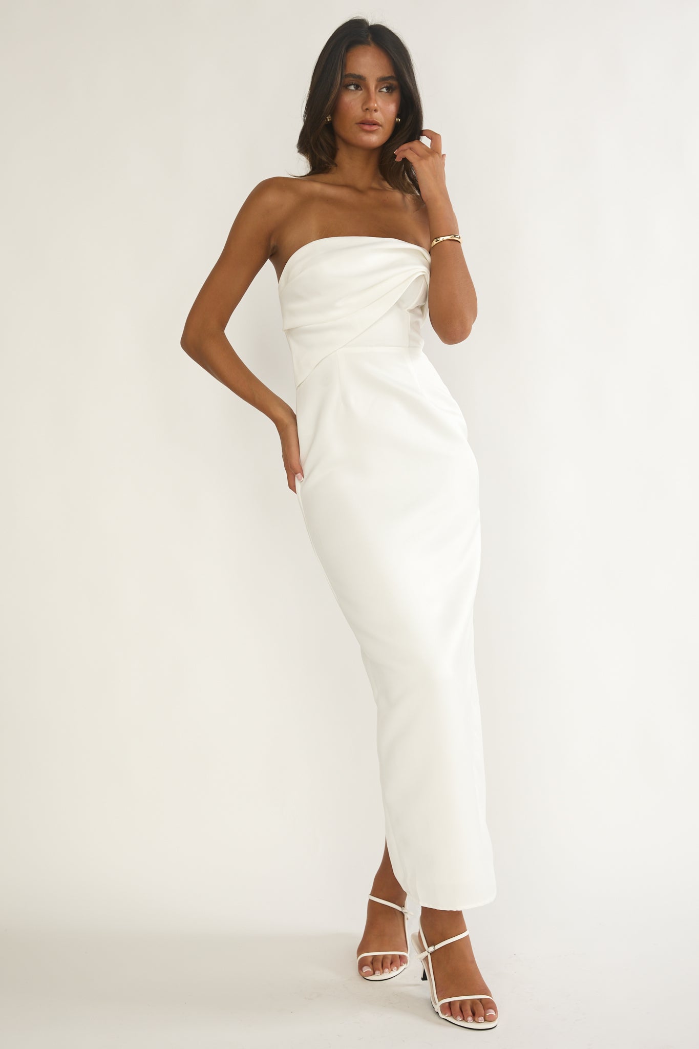 Fleur Sky Strapless Pleat Bust Maxi Dress White by Selfie Leslie Australia