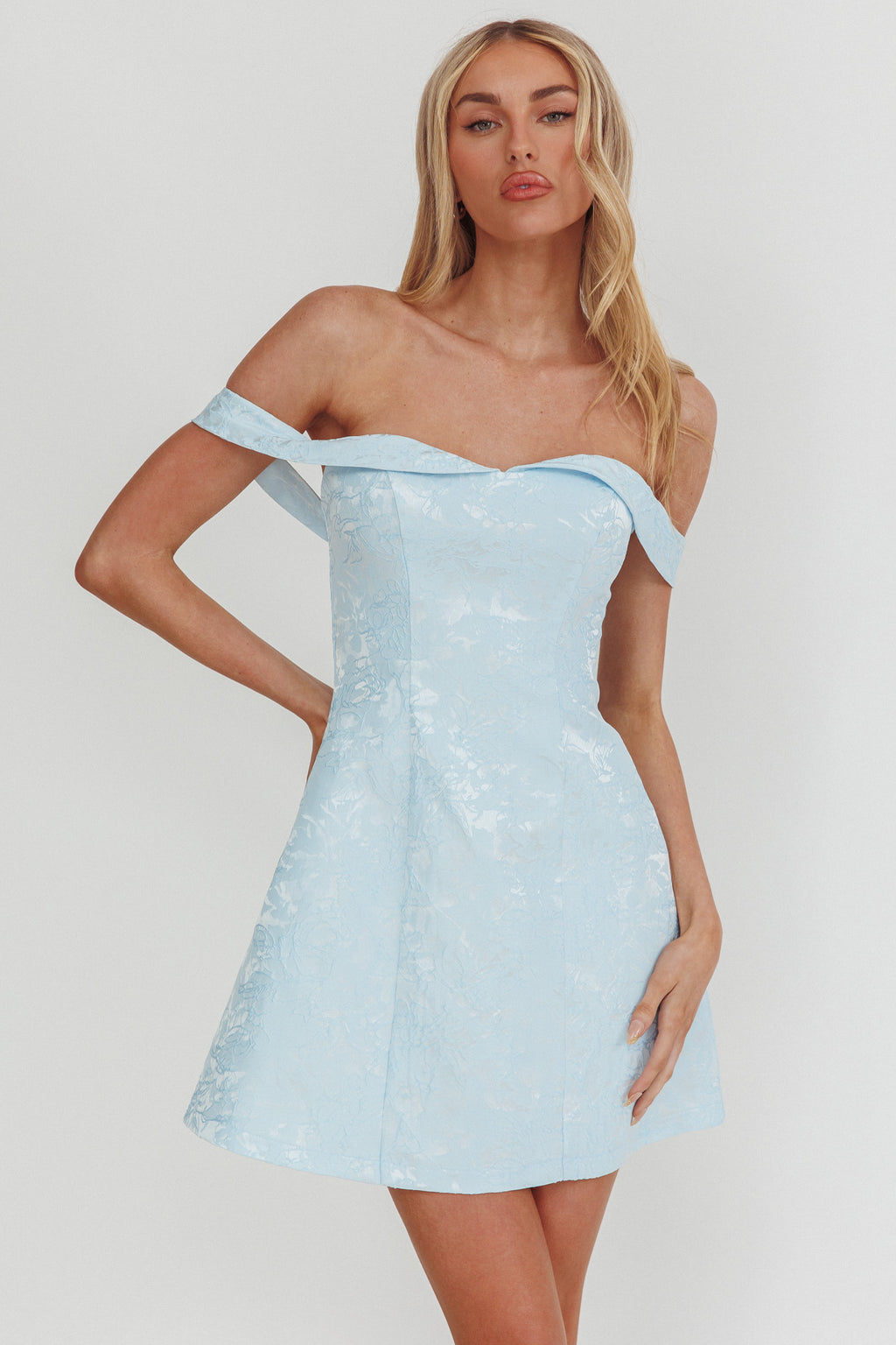 Mikado Off-Shoulder Foldover Mini Dress Jacquard Blue by Selfie Leslie Australia