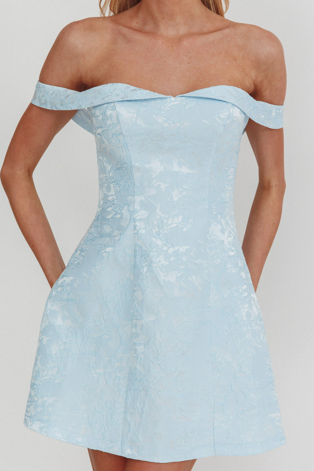 Mikado Off-Shoulder Foldover Mini Dress Jacquard Blue by Selfie Leslie Australia