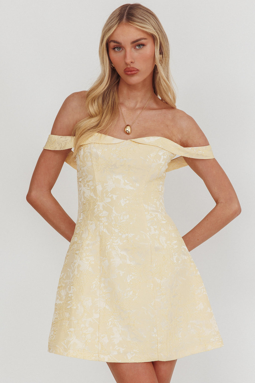 Mikado Off-Shoulder Foldover Mini Dress Jacquard Butter by Selfie Leslie Australia
