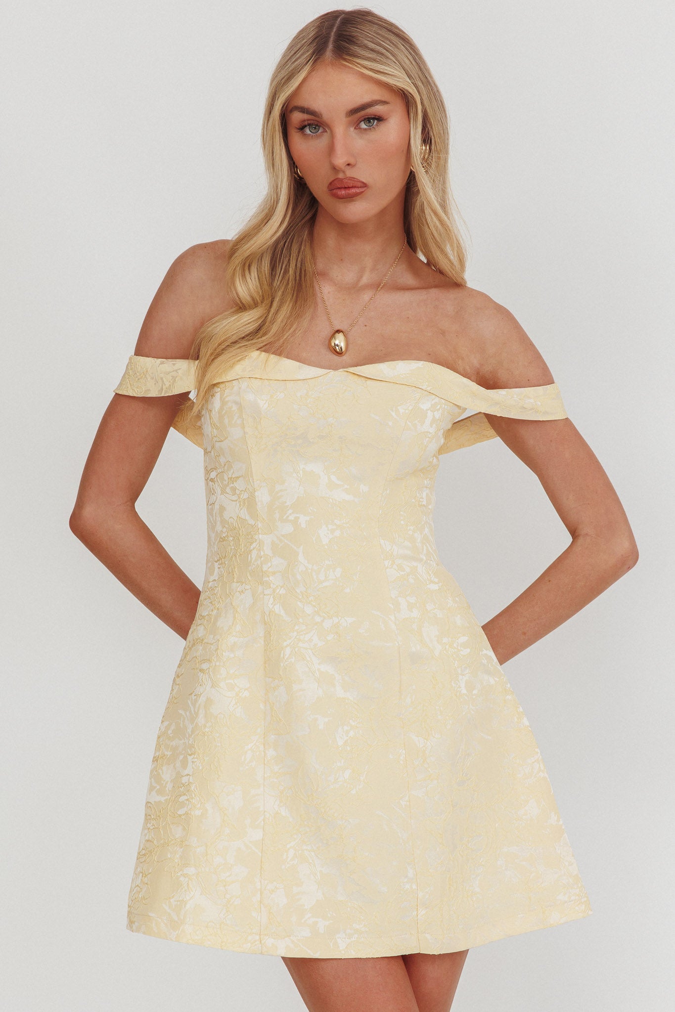 Mikado Off-Shoulder Foldover Mini Dress Jacquard Butter by Selfie Leslie Australia