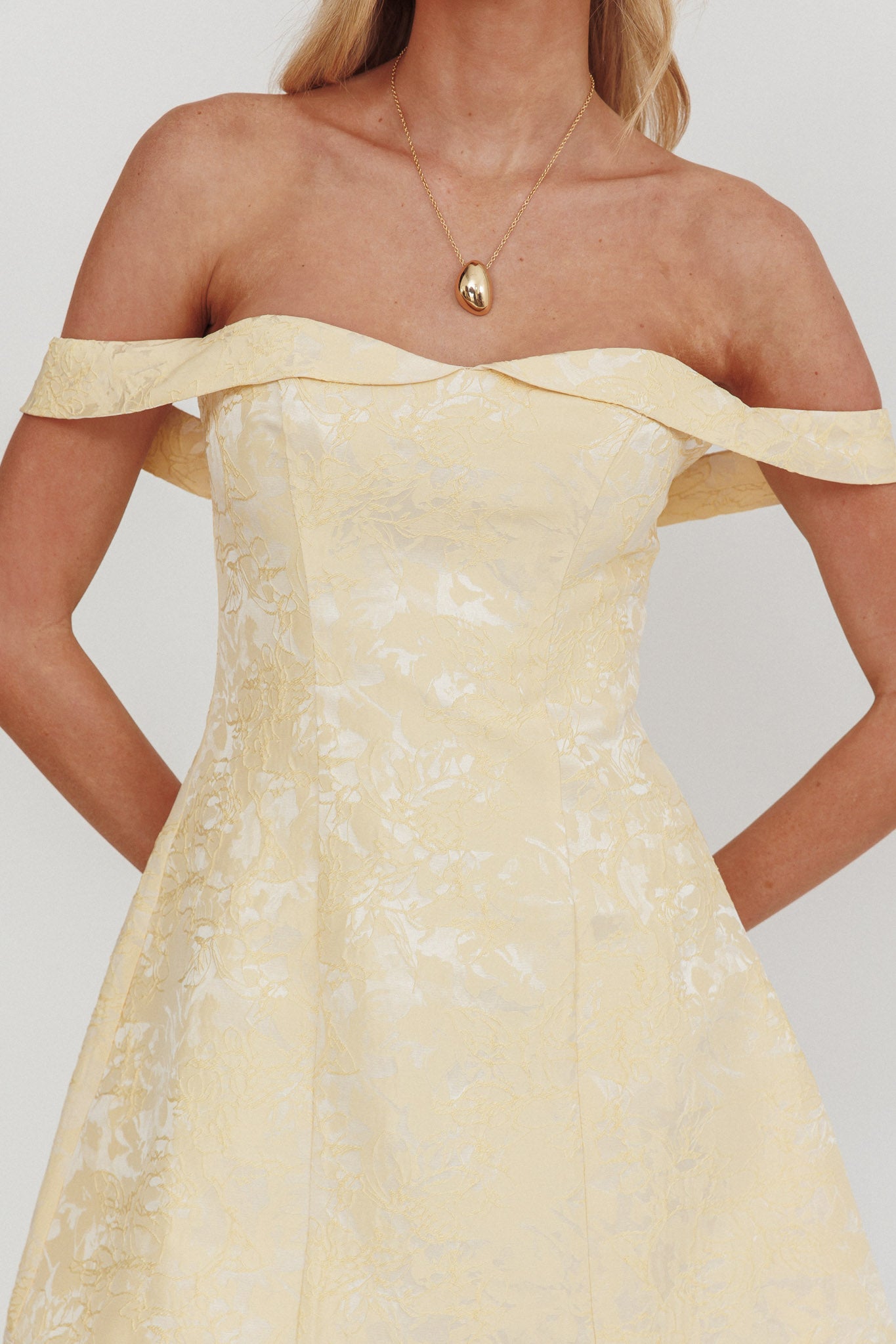 Mikado Off-Shoulder Foldover Mini Dress Jacquard Butter by Selfie Leslie Australia