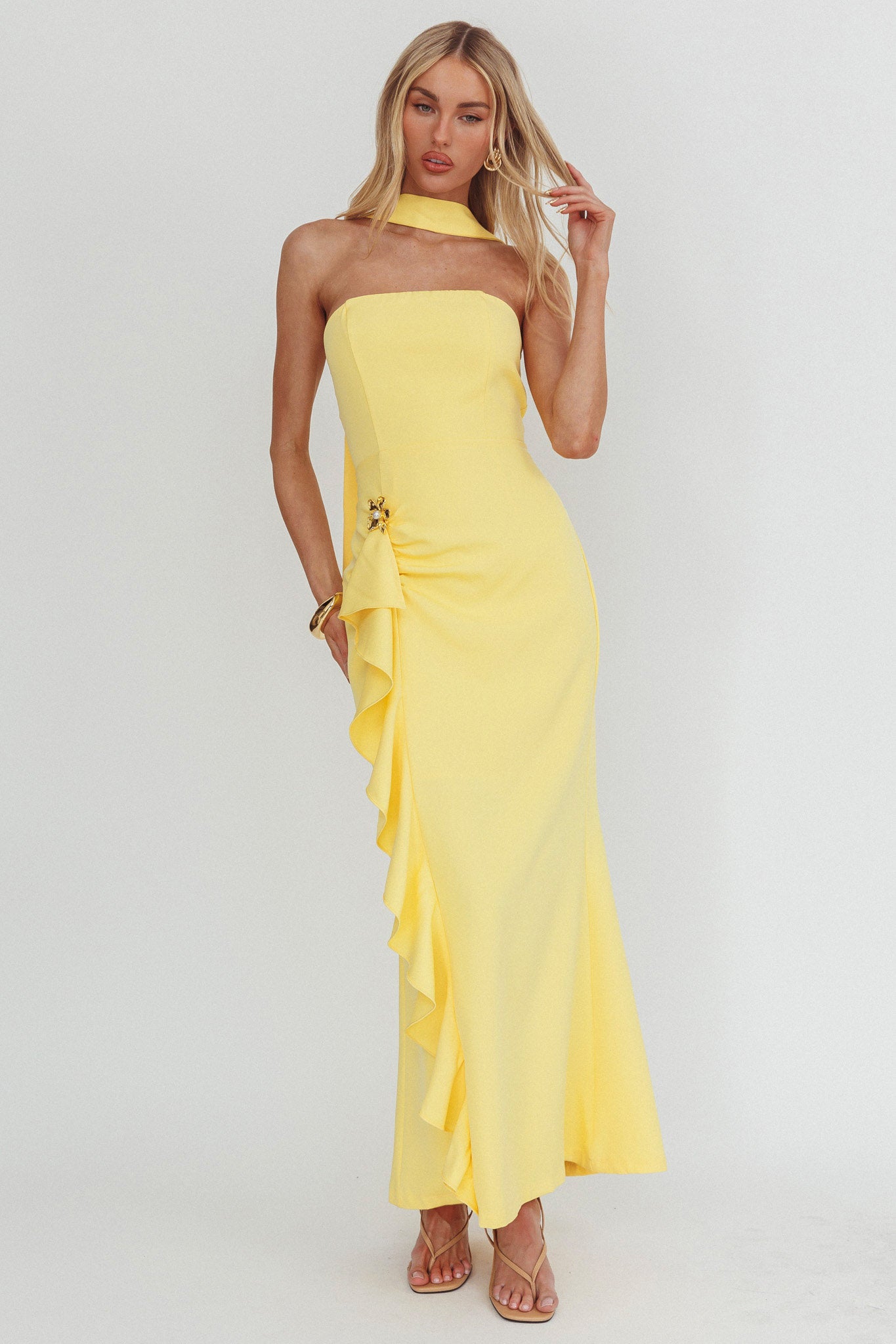 Selora Strapless Ruffle Maxi Dress Butter by Selfie Leslie Australia