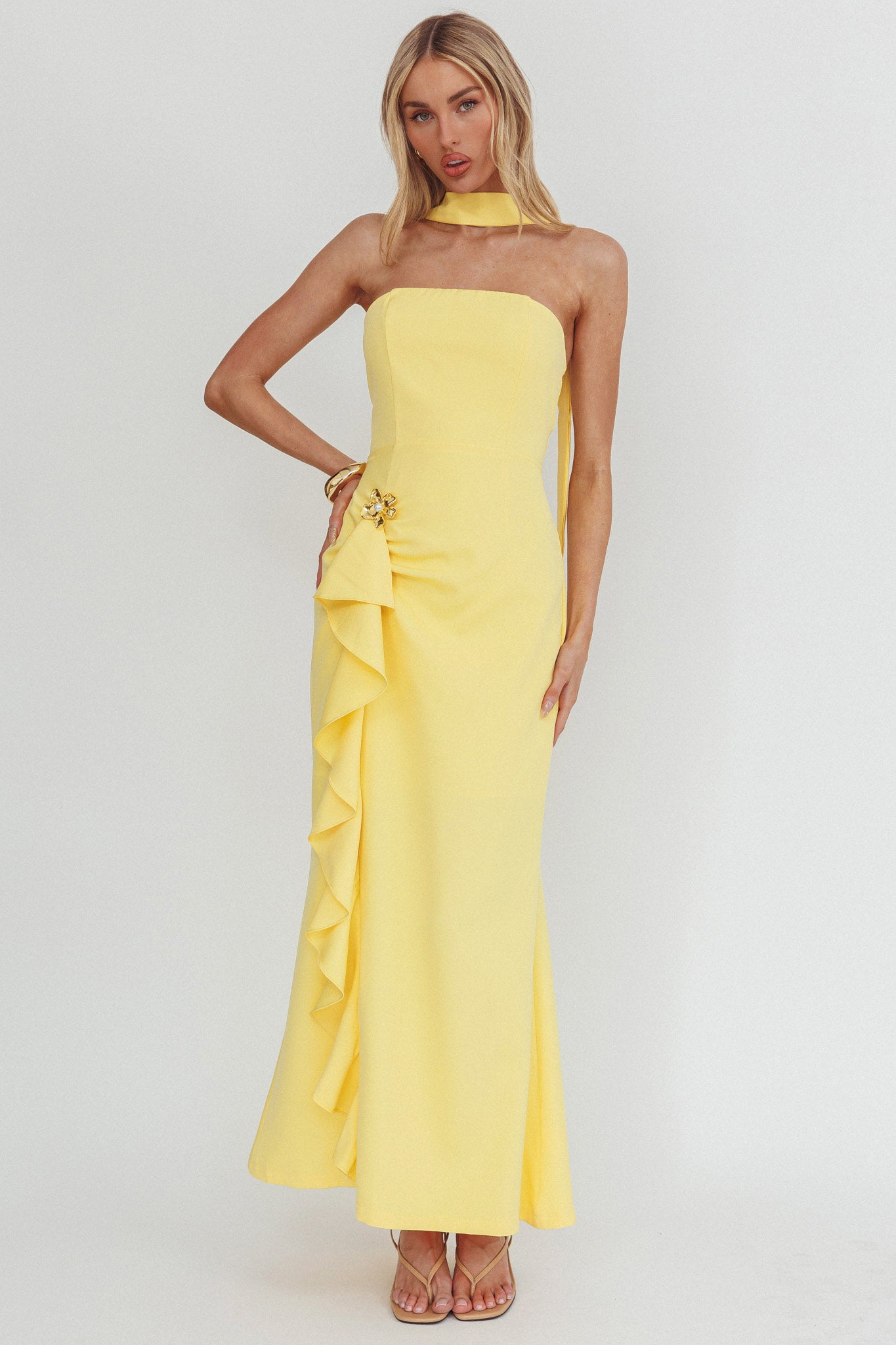 Selora Strapless Ruffle Maxi Dress Butter by Selfie Leslie Australia