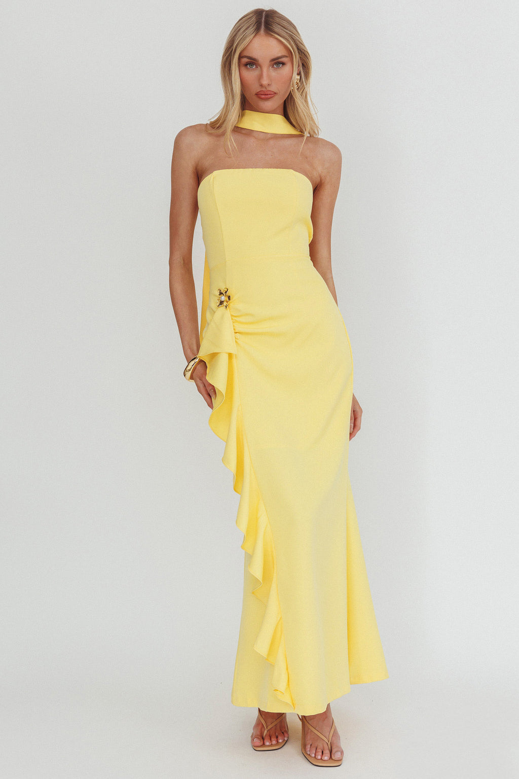 Selora Strapless Ruffle Maxi Dress Butter by Selfie Leslie Australia