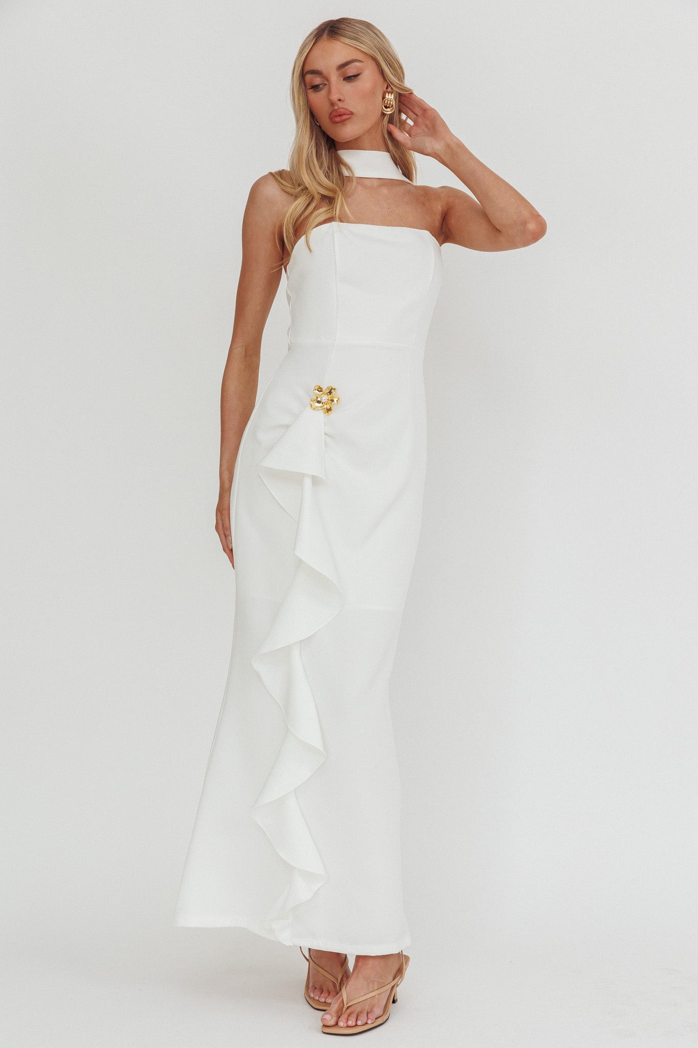 Selora Strapless Ruffle Maxi Dress White by Selfie Leslie Australia